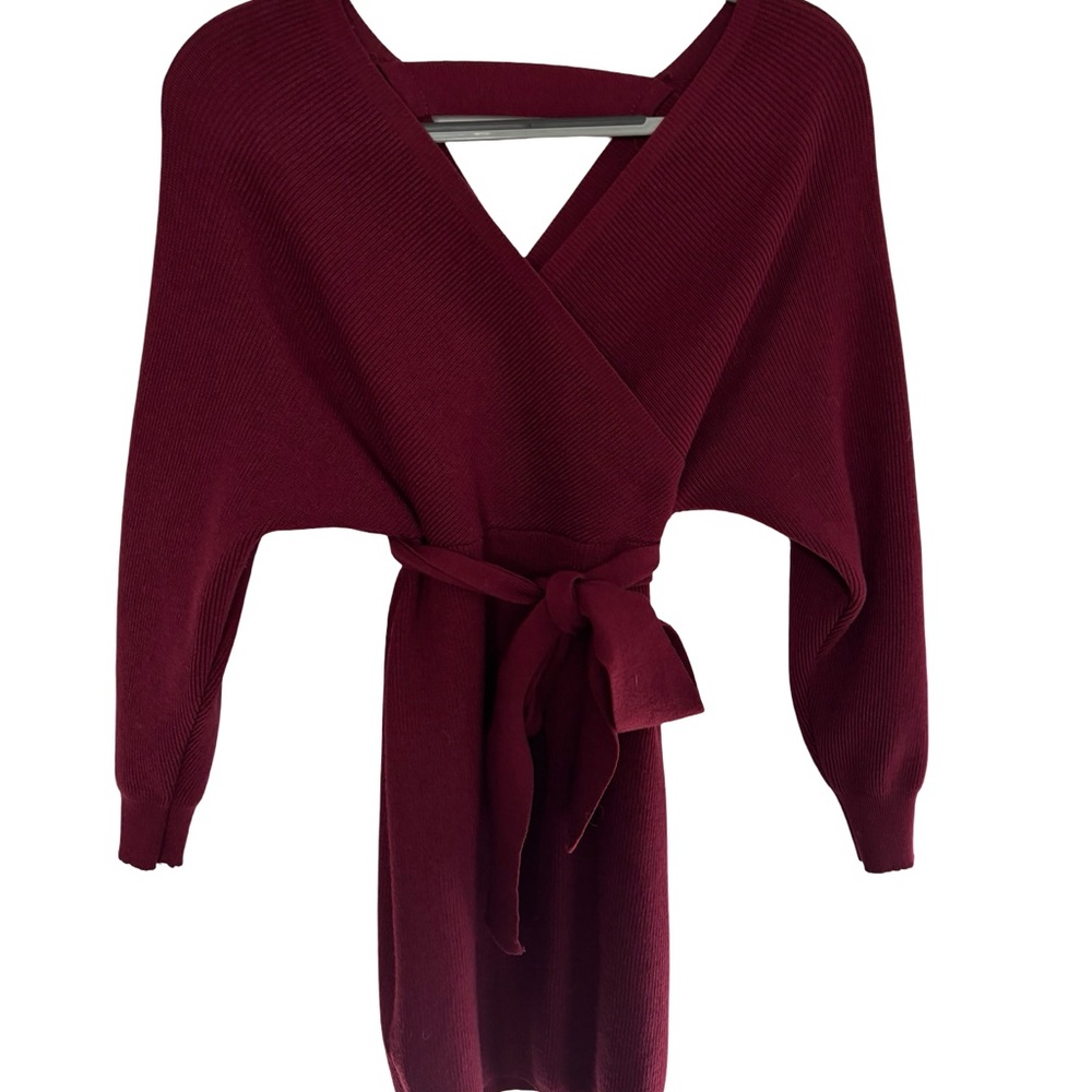 Elegant Burgundy Wrap Sweater Dress